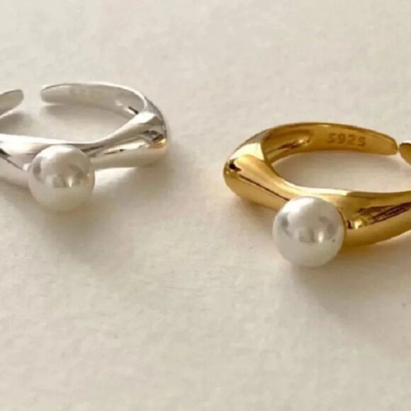 925 Sterling Silver Pearl Bar Ring Minimalist Geometric Dainty Pearl Ring - Picture 3 of 4